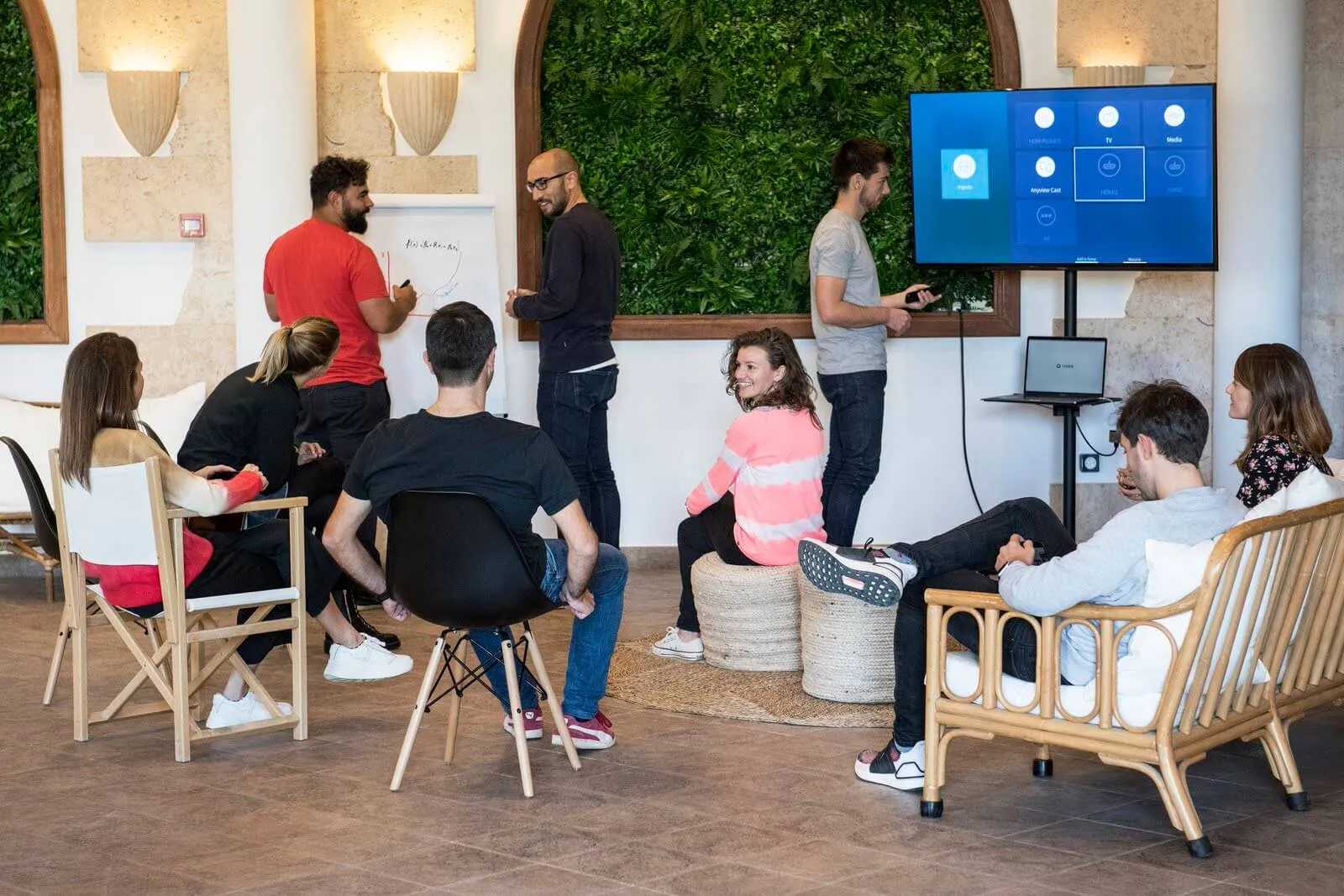 Team meeting in front of a big screen